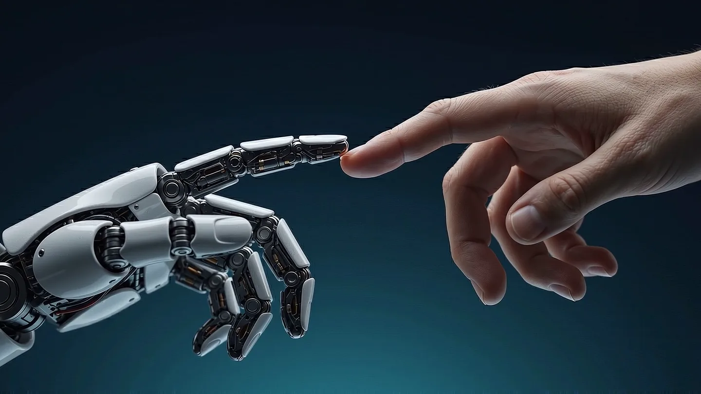 Mão robótica tocando a mão humana, tecnologia com assinatura humana no IV LAB